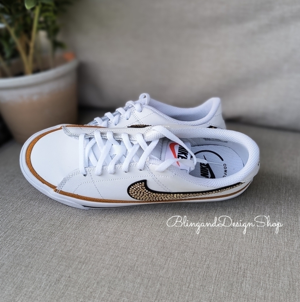 Women's Bling Nike Court Legacy White Sneakers made with Crystals Custom - Picture 3 of 10